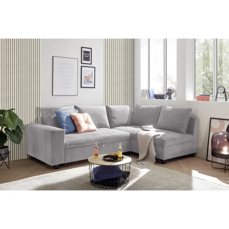 Ecksofa L-Form aus Cordstoff mit Schlaffunktion, hellgrau (Dove) – Liegefläche 147 × 207 cm, Breite 243 cm, Sitzhöhe 45 cm, Modell MIRA