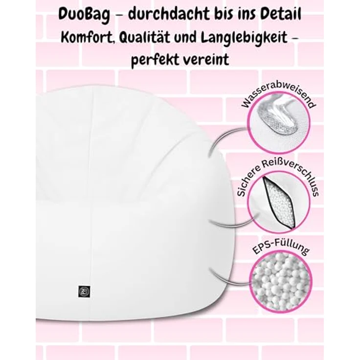 PATCH HOME 2-in-1 Sitzsack Sessel - Gaming Bean Bag mit Reißverschluss - Bereits befüllt, Ergonomisch & Robust für Kinder & Erwachsene - Indoor & Outdoor, Wetterfest (Weiß, 155cm) – Bild 6