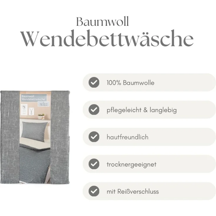 Renforce Wendebettwäsche mit Reißverschluss - Bettwäsche aus 100% Baumwolle, Grau 135x200 cm + 80x80 cm – Bild 4