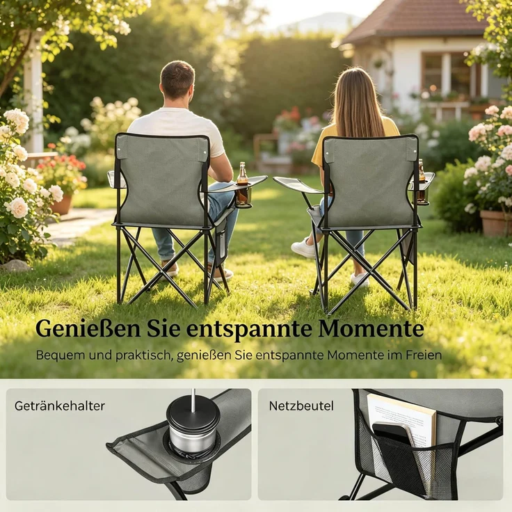 Campingstuhl-Set, klappbar mit Getränkehalter & Seitentasche, 47x76x80,5 cm, Dunkelgrau – Bild 7