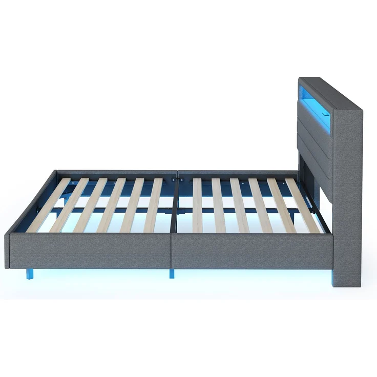 Polsterbett 140x200 cm mit USB-Steckdose und LED-Licht, wendbares Kopfteil, verdecktes Fußteil, Doppelflachbett, Jugendbett, Erwachsenenbett, Leinenstoff grau – Bild 10
