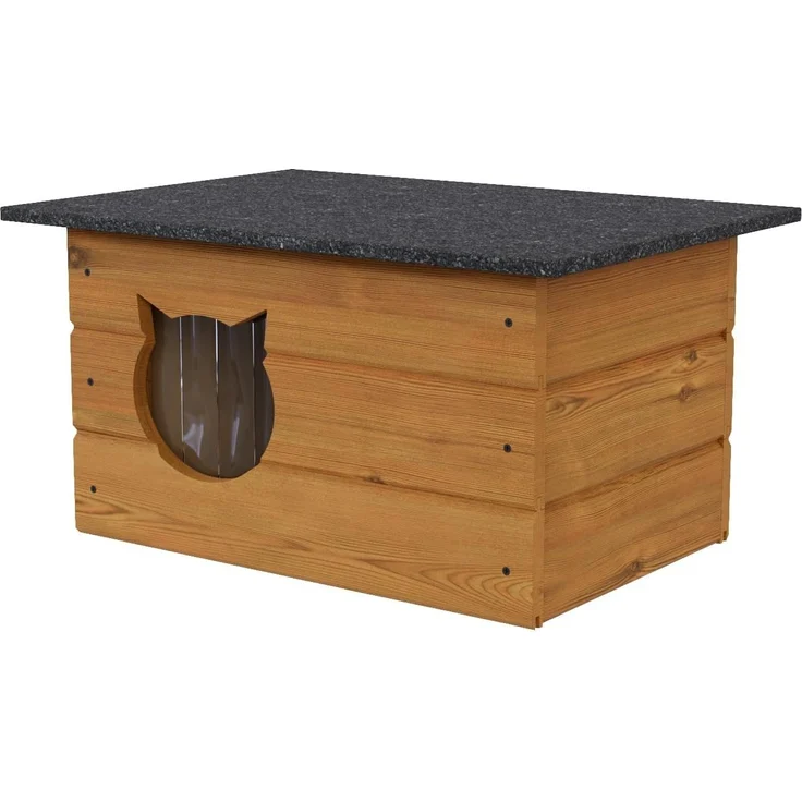 QLS Katzenhaus Isoliert aus Holz 60x40x40 cm, Outdoor Draußen Winterfest mit Vorhang, Teak – Bild 2