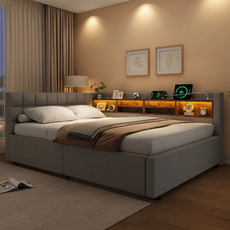 Daybett, Tagesbett, Schlafsofa,140x200 cm, Ohne Matratze, Hydraulische Lagerung, mit dimmbarer LED-Leiste, mit praktischem Regal, mit USB-Anschluss,Grau – Bild 4
