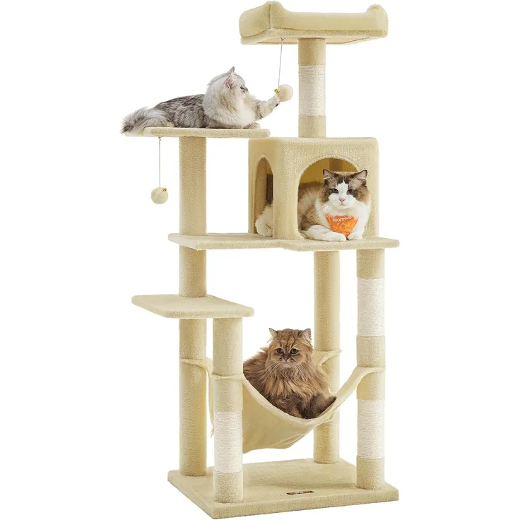 Feandrea Kratzbaum, 143 cm hoch, Katzenbaum, mehrstöckiges Katzenhaus, mit 4 Kratzsäulen, 2 Plattformen, Hängematte, Höhle, beige PCT161M01