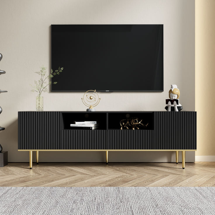 TV-Schrank 165 cm Schwarz mit Gold, Lowboard Sideboard Wohnzimmerschrank, 2 Schubladen, 2 offene Fächer – Bild 8