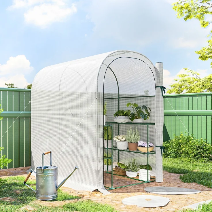 Wohnora-Gartengewächshaus mit Regalen, 123 x 187 x 189 cm, kleines Gewächshaus mit Rolltür, hochdichte PE-Folie (140 g/m²), weiß,H 1890cm x T 1070cm x B 1230cm – Bild 2