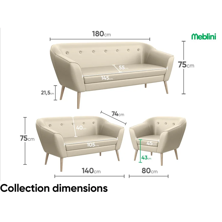 MEBLINI Sofa-Set DORIS 3+1+1 - Creme Kunstleder - für Wohnzimmer - Mini Lounge für fünf Personen - Küchensofa - Sofa Klein - Sitzgarnitur - Polstergarnitur - Sofagarnituren – Bild 6