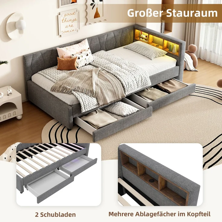 Wohnora-Daybett, 90*200cm, Tagesbett, Schlafsofa, Ablagefach am Bett, USB+Typ C, , Bett mit zwei Schubladen, Bett mit Lattenrost (ohne Matratze), Leinen, Grau,Grau – Bild 2