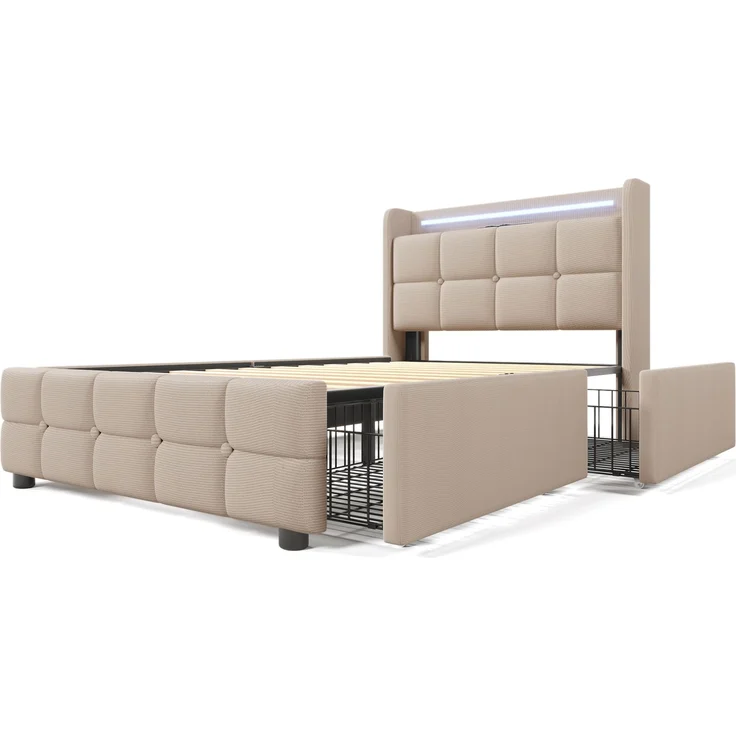 Einzelbett 90 × 200 cm mit Steckdosen,USB-Anschlüssen und LED-Beleuchtung,2 Schubladen,Leinenbezug in Beige – Bild 9