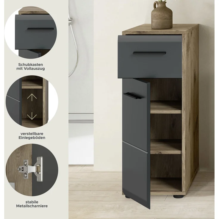 Standschrank (B/H/T: 30x80x30 cm) in schwarz matt und Nox Oak Nachbildung – Bild 7