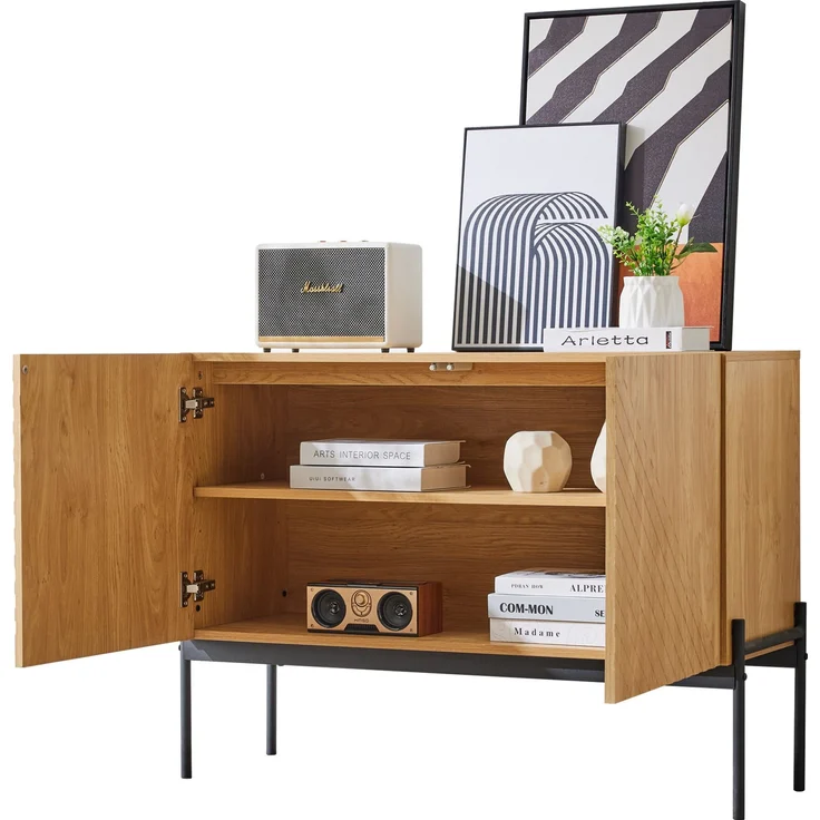 Sideboard Modern Mit Verstellbarem Regalbrett Metallrahmen Natur Farbe 100cm Breit Mit Kippsicherung Aufbewahrungsschrank Kommode Für Wohnzimmer Schlafzimmer Flexible Stauraumlösung, 75cmx40cmx100cm, Natur – Bild 10