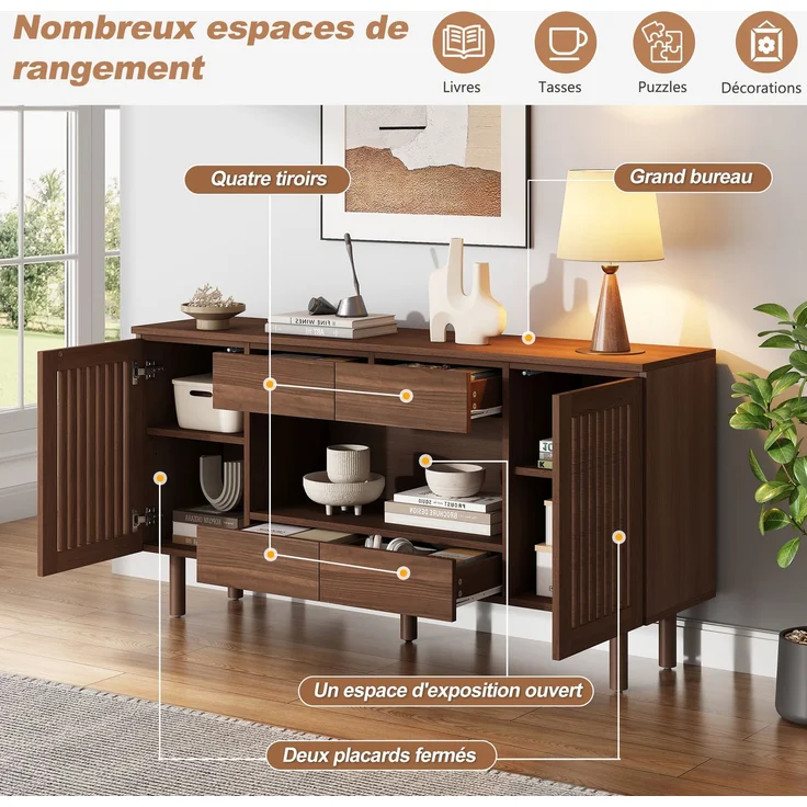 ZUBALIYA Sideboard 140x35x71 cm, mit 4 Schubladen, aus MDF, Walnuss – Bild 16