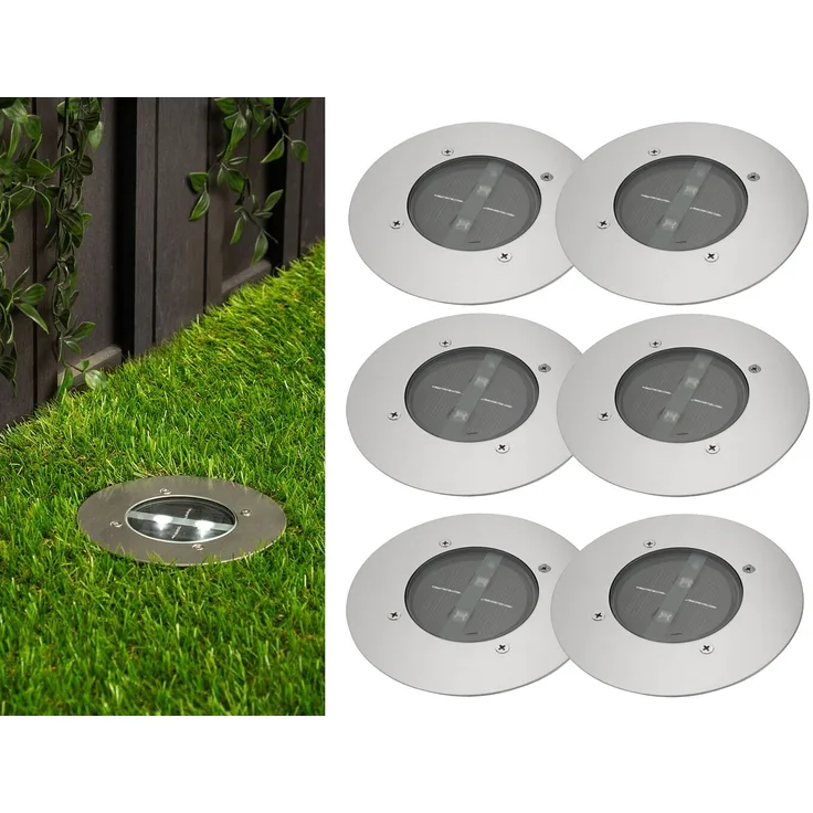 Solar LED Bodeneinbaustrahler 6er SET für Außen, Edelstahl rund Ø14cm IP67