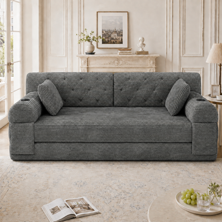 TavilaEcon 2-Sitzer Schlafsofa, komprimiertes Cord Sofa mit hoher Rückenlehne grau 81 × 80 × 168 cm (H × T × B) – Bild 4
