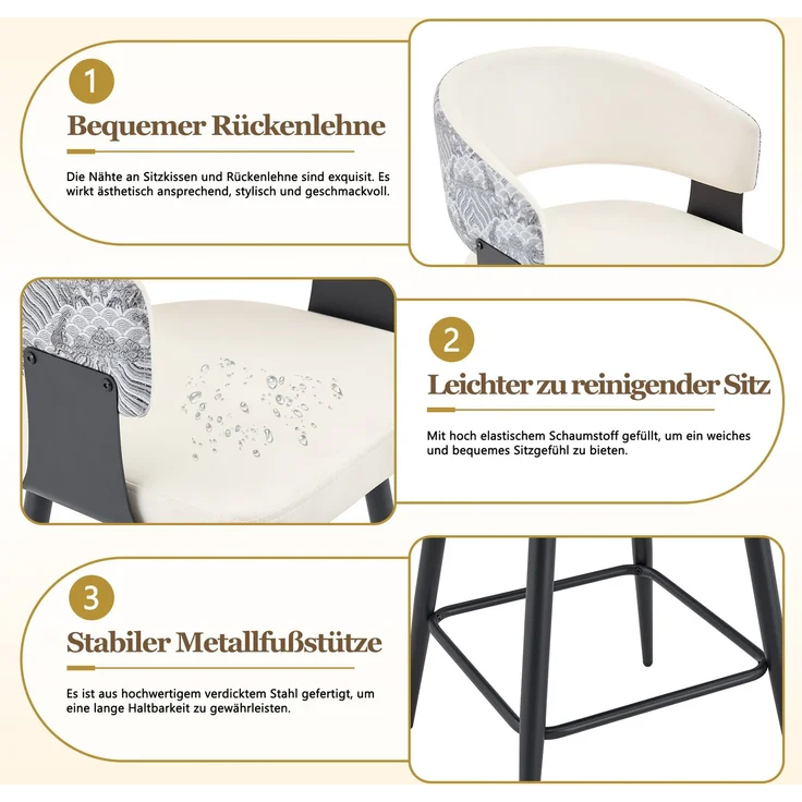 2er-Set Barhocker mit Rückenlehne, moderner Küchenhocker, Kunstleder Sitz, Metallgestell, stabile Fußstütze, ergonomisches Design, nur Stühle, ohne Tisch--Weiß1--47x46.5x94.5cm--YOUDENOVA – Bild 6