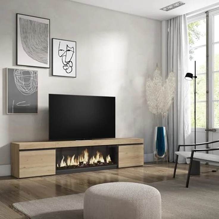 Skraut Home | TV-Schrank, Lowboard | für Wohnzimmer und Esszimmer | 210 | Für TV-Geräte bis zu 80" | Elektrokamin XXL | Moderner Stil | Eiche – Bild 2