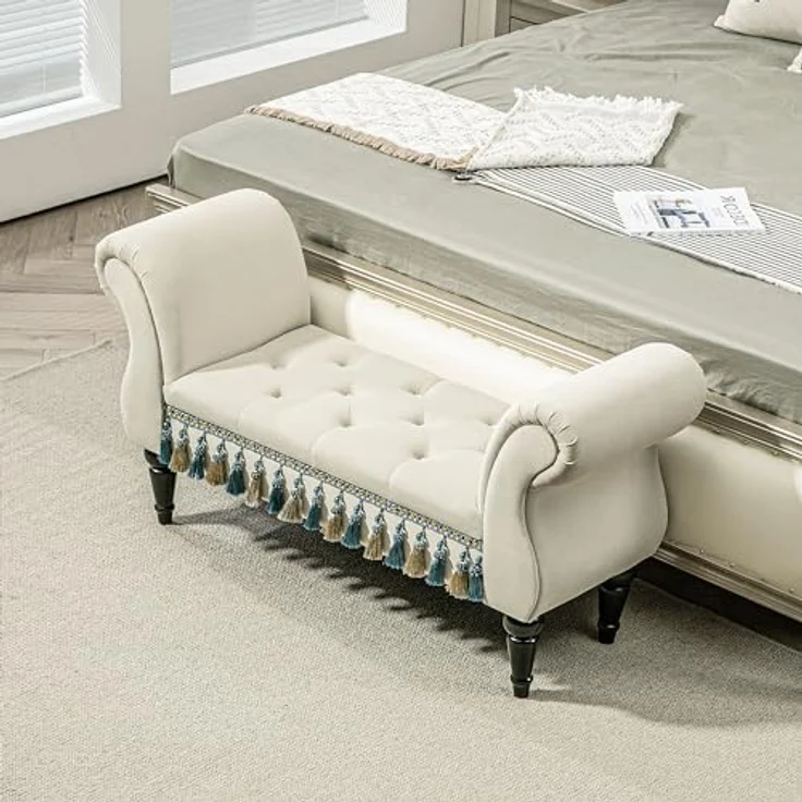 HOMCOM Polsterbank Hockerbank, Luxus Bettbank mit Holzbeine (Sitzbank, 1-St, Flurbank), für Schlafzimmer, Beige – Bild 10