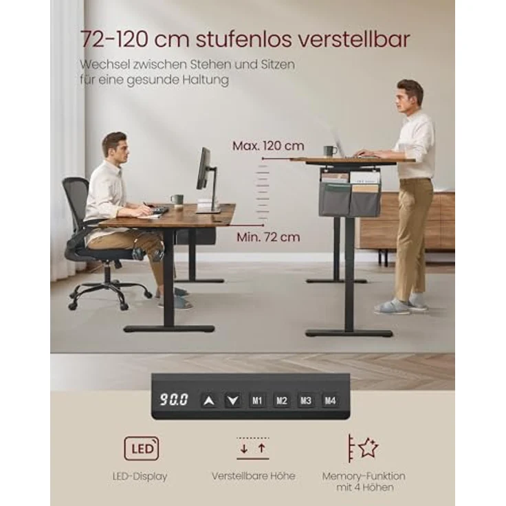 SONGMICS Höhenverstellbarer Schreibtisch elektrisch, 180x80 cm, Verstellbarer Tisch, Memory-Funktion für 4 Höhen, für Büro, vintagebraun LSD138K01 – Bild 6