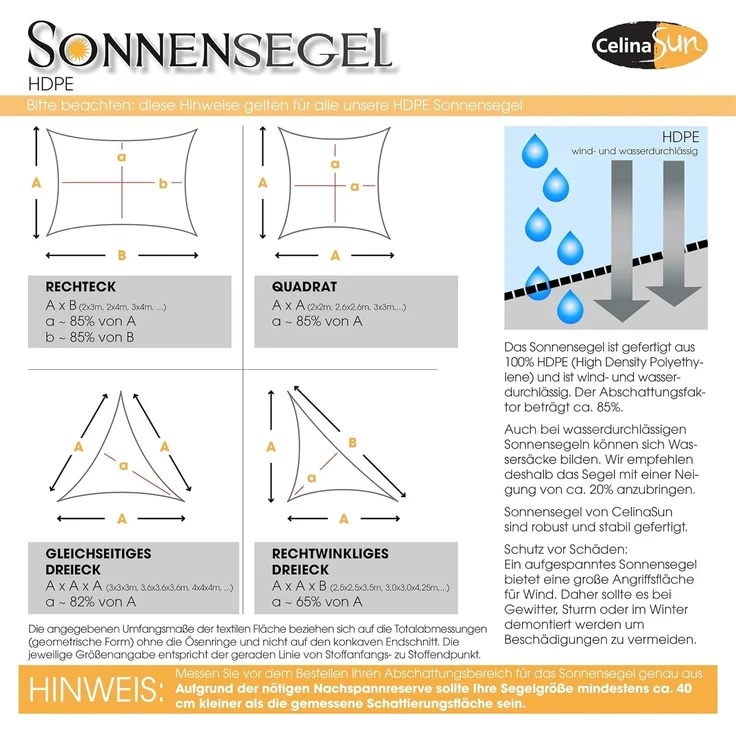 CelinaSun Sonnensegel inkl Befestigungsseile Premium HDPE wetterbeständig atmungsaktiv Quadrat 2x2 m Sand beige – Bild 5