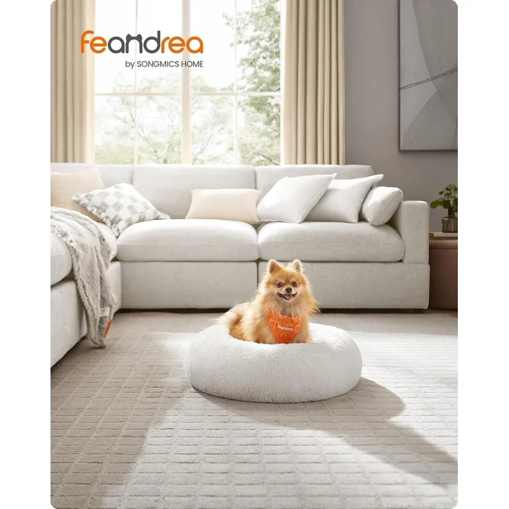 Feandrea Hundebett flauschig, Katzenbett, Donut Kissen, waschbar, Polsterung in der Mitte herausnehmbar, Langer Plüsch, 60 cm Durchmesser, wolkenweiß PGW038W01 – Bild 2