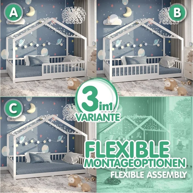 CADANI Kinderbett Malte Bodenbett Hausbett weiß (Rausfallschutz abnehmbar), Bodenbett Hausbett mit Roll-Lattenrost – Bild 3