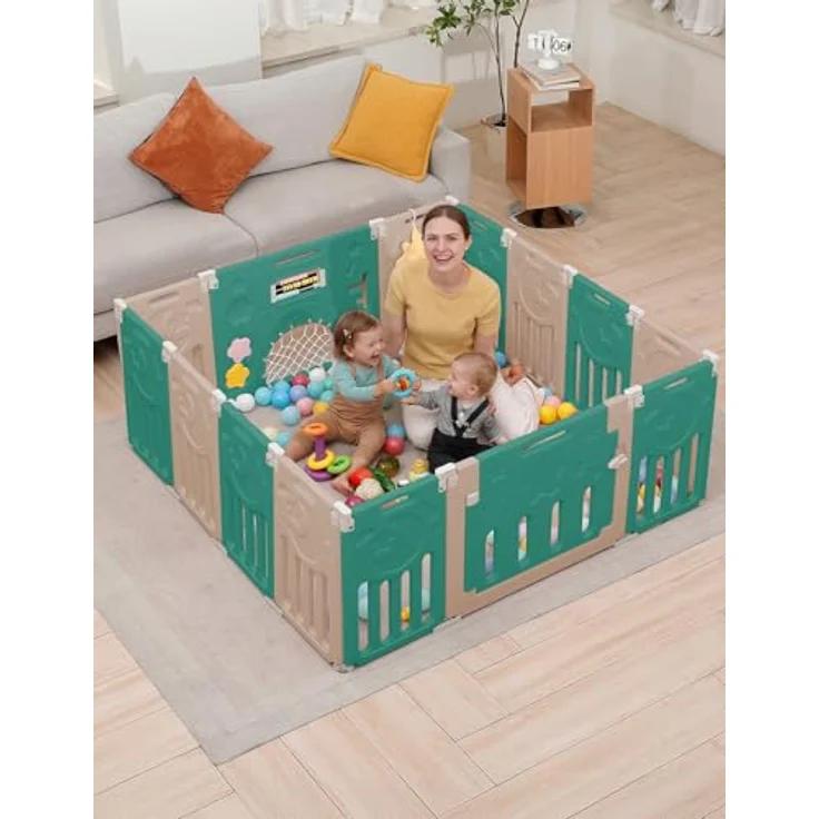 Dripex Faltbarer Laufstall Baby 150×150cm, Laufgitter Baby, Baby Playpen, Baby Laufstall mit Spielzeugboard, Laufstall in Anpassungsfähiger Form, Laufgitter aus Kunststoff, Braun – Bild 12