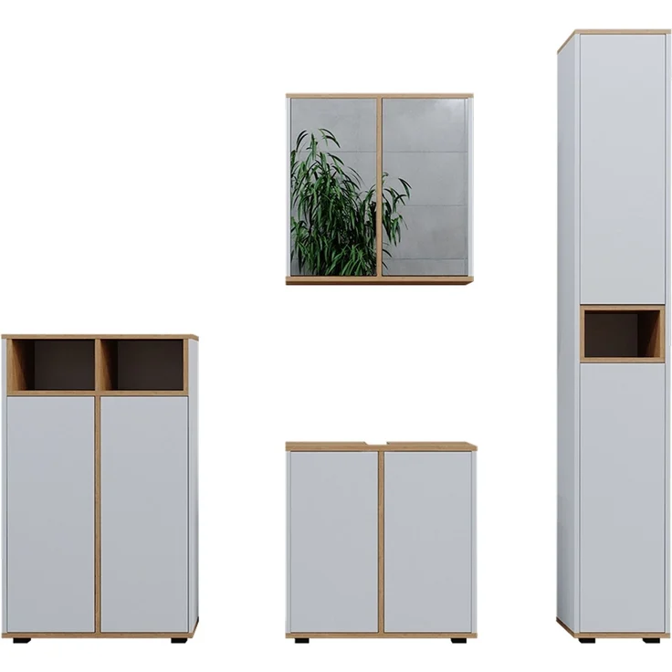 Badmöbel-Set Didi Weiß/Artisan 4 Teile, mit Hochschrank und Midischrank mit Türen Vicco – Bild 1