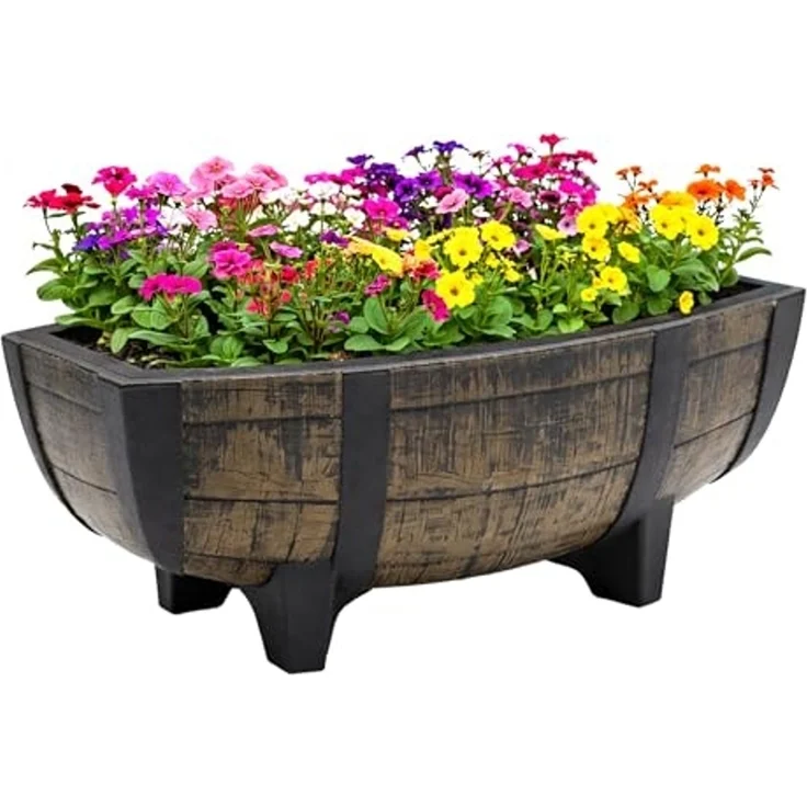 Spetebo Blumentopf Pflanzschale in Eichenfass Optik mit Drainageboden (Anzahl, 1 St, 41 x 30 cm), Blumenschale aus Kunststoff im Design eines halben Eichenfasses – Bild 1