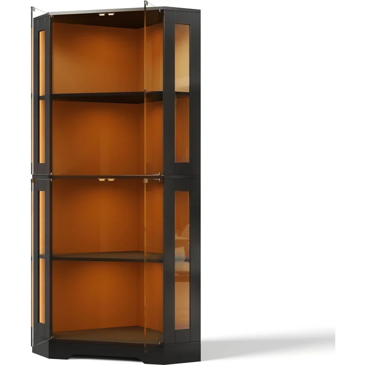 Merax 165 cm Glasvitrinenschrank mit LED, 4-stufiger Sicherheitsglas-Eckschrank, moderner Weinschrank, Schwarz – Bild 9