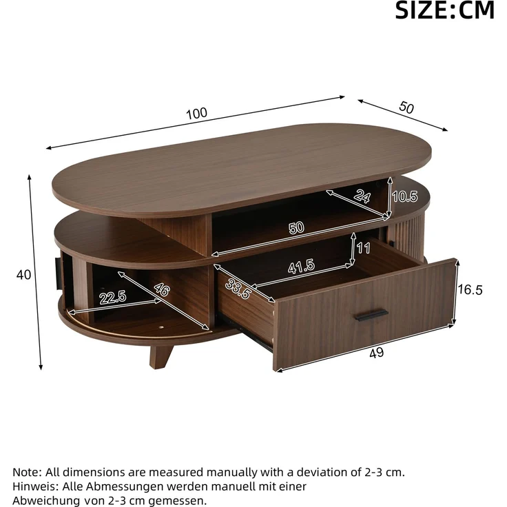 Couchtisch oval, B 100 x T 50 x H 40 cm, Walnussoptik, mit Schublade und Rolltüren – Bild 4