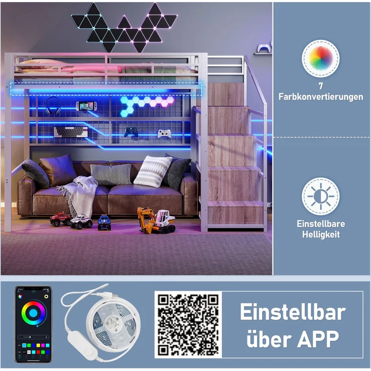 EINHOM Hochbett, 140 x 200 cm, Eisenrahmen, Kleiderschrank, Stauraumleiter, Gitter zum Aufhängen von Gegenständen, Freifläche unter dem Bett, 7-farbige LED-Leuchten, Weiß (Ohne Matratze) – Bild 4