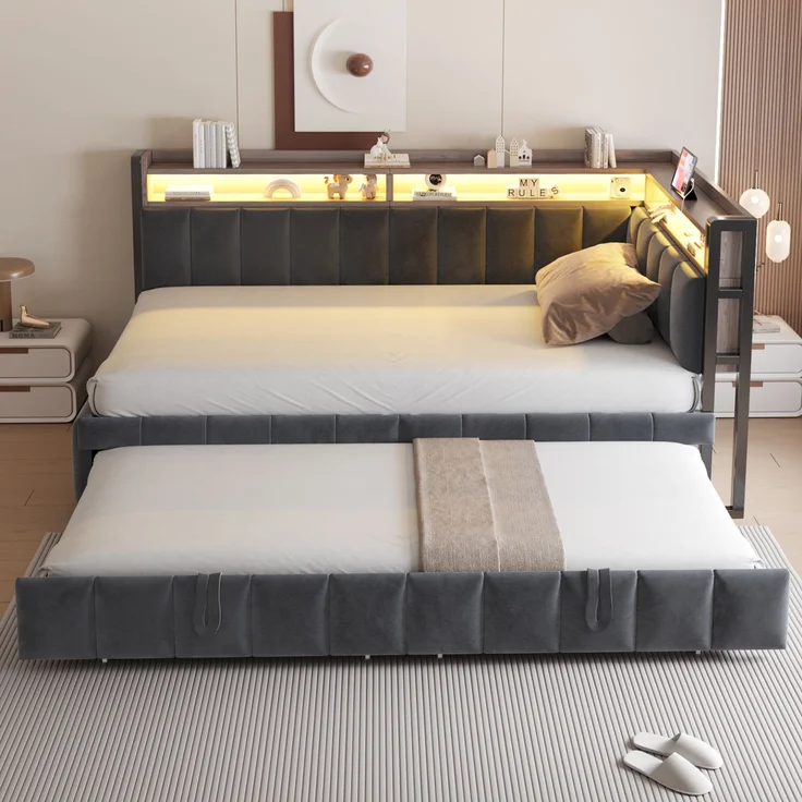 Ausziehbett mit Liegefläche 90×200 cm und Auszug 90×190 cm, LED, Dunkelgrau, ohne Matratze – Bild 1