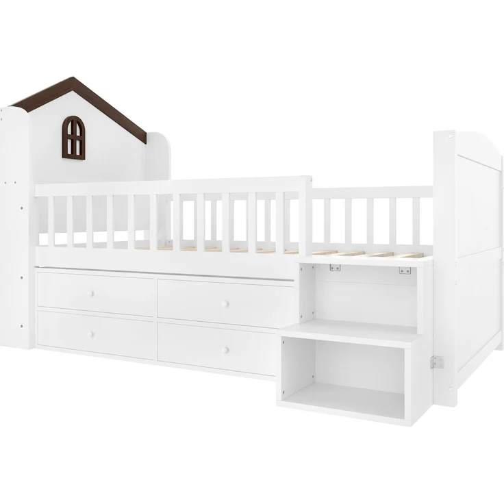 Halbhohes Kinderbett 90x200 cm in Hausform mit LED, 4 Schubladen, Regalen und Leiter, Weiß – Bild 4