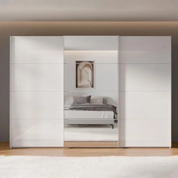 Forte SOPHISTISPACE Kleiderschrank 300, moderner Schwebetürenschrank, 3-türig, Einlegeböden, Kleiderstangen, Spiegel, Holzwerkstoff, Weiß/Weiß Glanz, 299,8 cm breit x 210,5 cm hoch x 62,9 cm tief – Bild 2