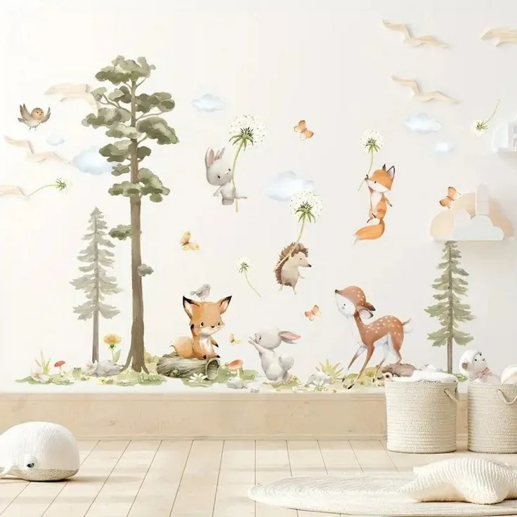 Montegoni Wandtattoo Wandaufkleber Kaninchen Fuchs Hirsch Baum für Kinderzimmer (Kinderzimmer, Schlafzimmer, Wohnzimmer, Wanddekoration saufkleber), Selbstklebende Wandaufkleber