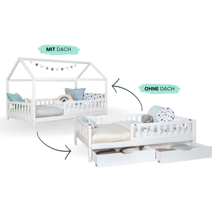 Ticaa Hausbett Duo mit Rausfallschutz und Schubkasten aus Kiefer, Bodenbett 90x200, inkl. abnehmbarem Dach, mit Rollrost – Bild 2