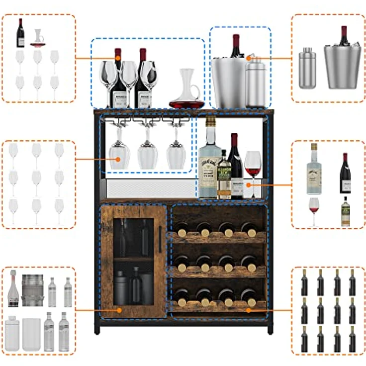 GarveeLife Weinschrank Industrial Küchenschrank Barschrank Mit Verstellbarem Weinregal Und Glashalter Weinregal Mit Abnehmbarem Weinschrank Sideboard Buffetschrank Freistehend, 69 x 35 x 92Cm – Bild 3