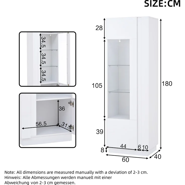 60*40*180cm Schrank,Vitrine ausSchranktür aus Acryl,Vitrine Hochglanz Lagerschrank mit LED-Beleuchtung, 3 Glasboden ,Highboard, Aufbewahrungsschrank, Hochschrank, Sofaschrank,Weiß--Weiß--60x40x180cm--YOUDENOVA – Bild 8