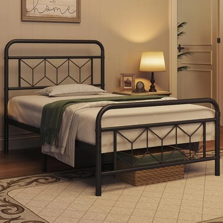 Yaheetech Bettgestell 90x190 cm, Vintage Metallbett Bettrahmen mit Hohem Kopfteil, Moderner Minimalistischer Einzelbett mit Lattenrost & Stauraum unter dem Bett, Gästerbett für Schlafzimmer, Schwarz – Bild 2