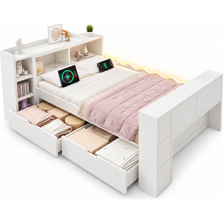 Tagesbett 90x200 cm mit 2 Schubladen, ausziehbarer Tischplatte und LED-Beleuchtung – Weiß (ohne Matratze) – Bild 5