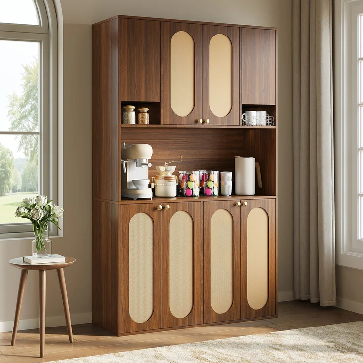 ZUBALIYA Sideboard (106 x 40 x 178 cm), LED - Beleuchtung, Gedämpftes Schließen, Fronten in Flechtoptik, Naturfarben – Bild 11
