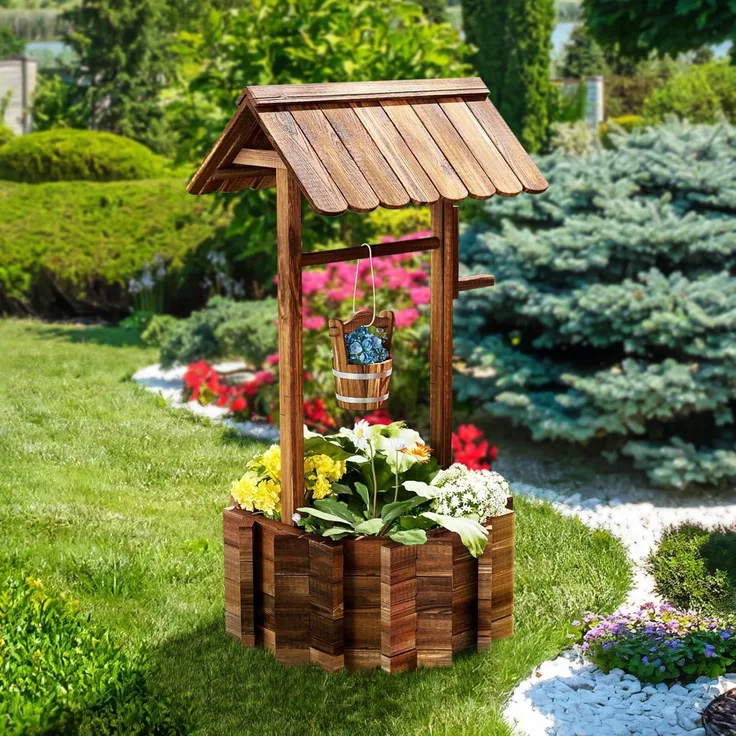 Aoxun Pflanztopf Wunschbrunnen Holz, Ziehbrunnen Pflanzenständer, Wunschbrunnen Pflanzkübel, 54x54x118cm, Dekobrunnen für Garten, Gartenbrunnen Blumenkübel,Natürlicher Holzfarbton