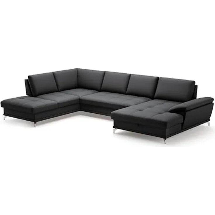 Cavadore Wohnlandschaft Castiel mit Federkern / Sofalandschaft mit großem Longchair, Sitztiefenverstellung und satinierten Metallfüßen / 363 x 89 x 223 / Echtleder, Schwarz – Bild 2
