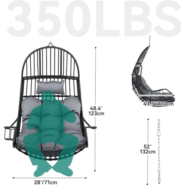 YITAHOME Rattan Hängesessel 150kg, mit Kissen & Getränkehalter, Grau – Bild 6