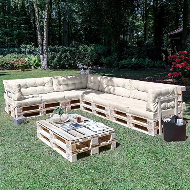 Beautissu ECO Elements Palettenkissen, Natur, 80x15x120 cm, robustes Outdoor-Sitzkissen mit Karo-Struktur und Zierknöpfen – Bild 5