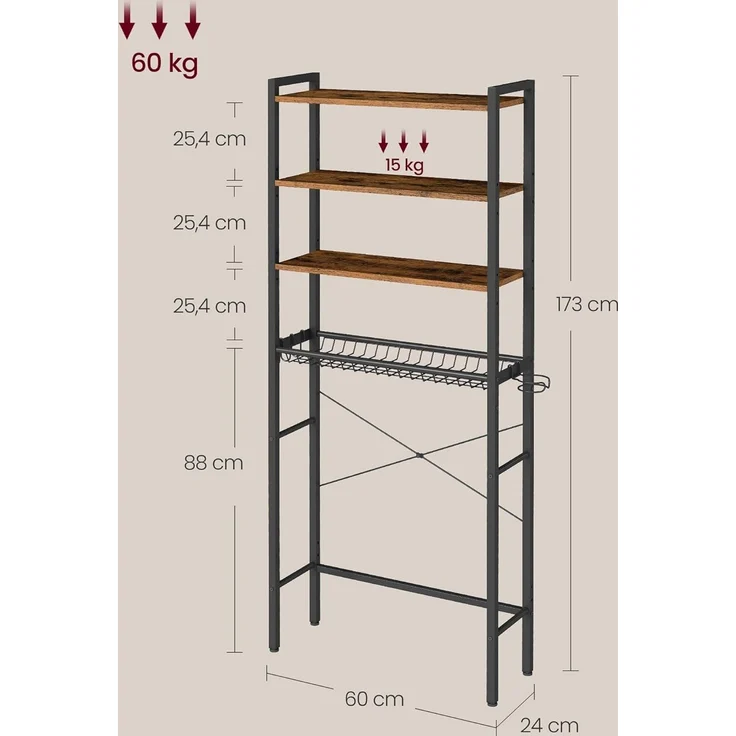 VASAGLE Toilettenregal, Badezimmerregal mit verstellbaren Ablagen und Gitterkorb, WC-Regal mit Föhnhalter, 3 Haken, platzsparend, 24 x 60 x 173 cm – Bild 6