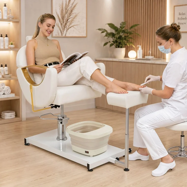 BarberPub Pediküre Stuhl mit Fußbadewanne & Pediküre Hocker, Friseurstuhl mit Goldlackierten Armlehnen, Höhenverstellbar & Kippbar, Fußpflegestuhl für Nagelstudio F0325 (Gold-Weiß) – Bild 2