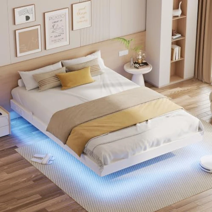 IRONCK Bettgestell 140x200 cm, Schwebender Bett mit LED Beleuchtung, Gepolsterte Seitenwände, 2 AC-Steckdosen, 2 USB-A-Anschluss, 1 USB-C-Anschluss, Metallbett mit Lattenrost Doppelbett, Weiß – Bild 1