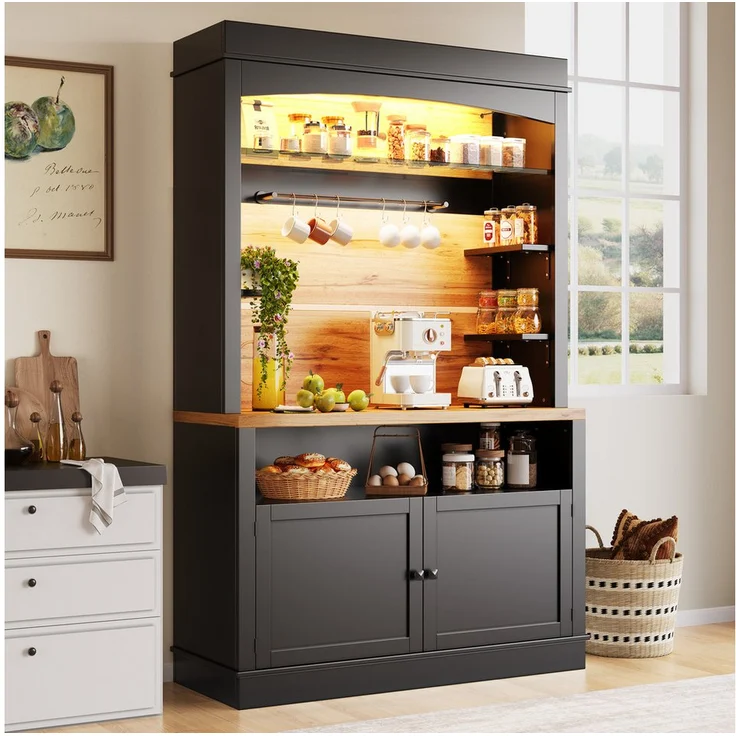 STILVORA Highboard Küchenschrank mit Arbeitsplatte, schwarze Vitrine mit LED-Beleuchtung, Kippschutz und vielseitigem Stauraum, 107 x 43 x 184 cm