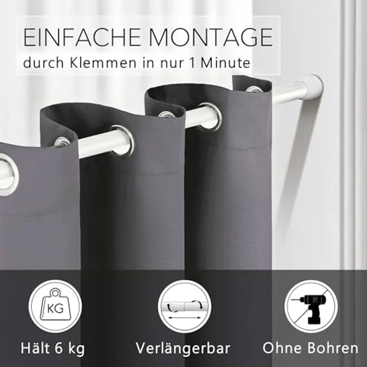 tinycurtains Klemmstange Teleskopstange 55-90 cm Türvorhangstange Duschvorhangstange Badstange, Ø 0.22 mm, 1-läufig, ausziehbar, klemmbar, geklemmt, Metall, Stange für Türvorhang ohne Bohren stufenlos verstellbar rostfrei – Bild 4